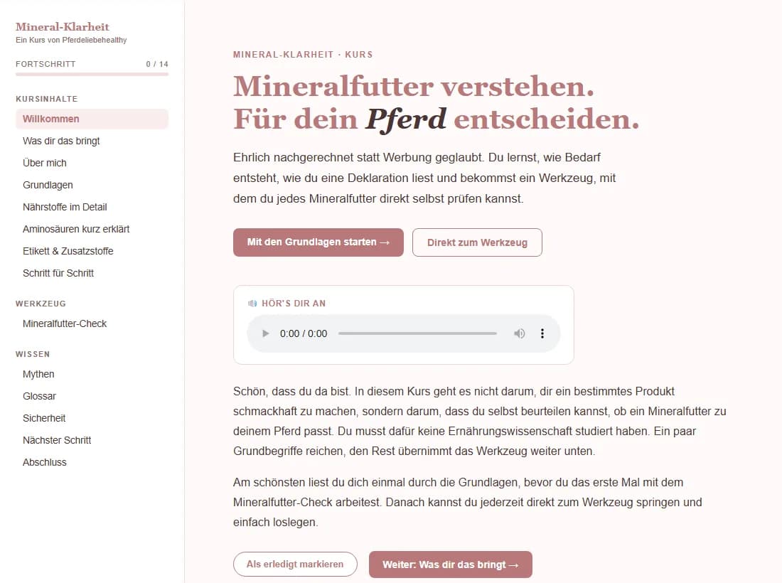 Die Startseite des Kurses mit Überschrift, Einleitung und einer Tonaufnahme zum Anhören