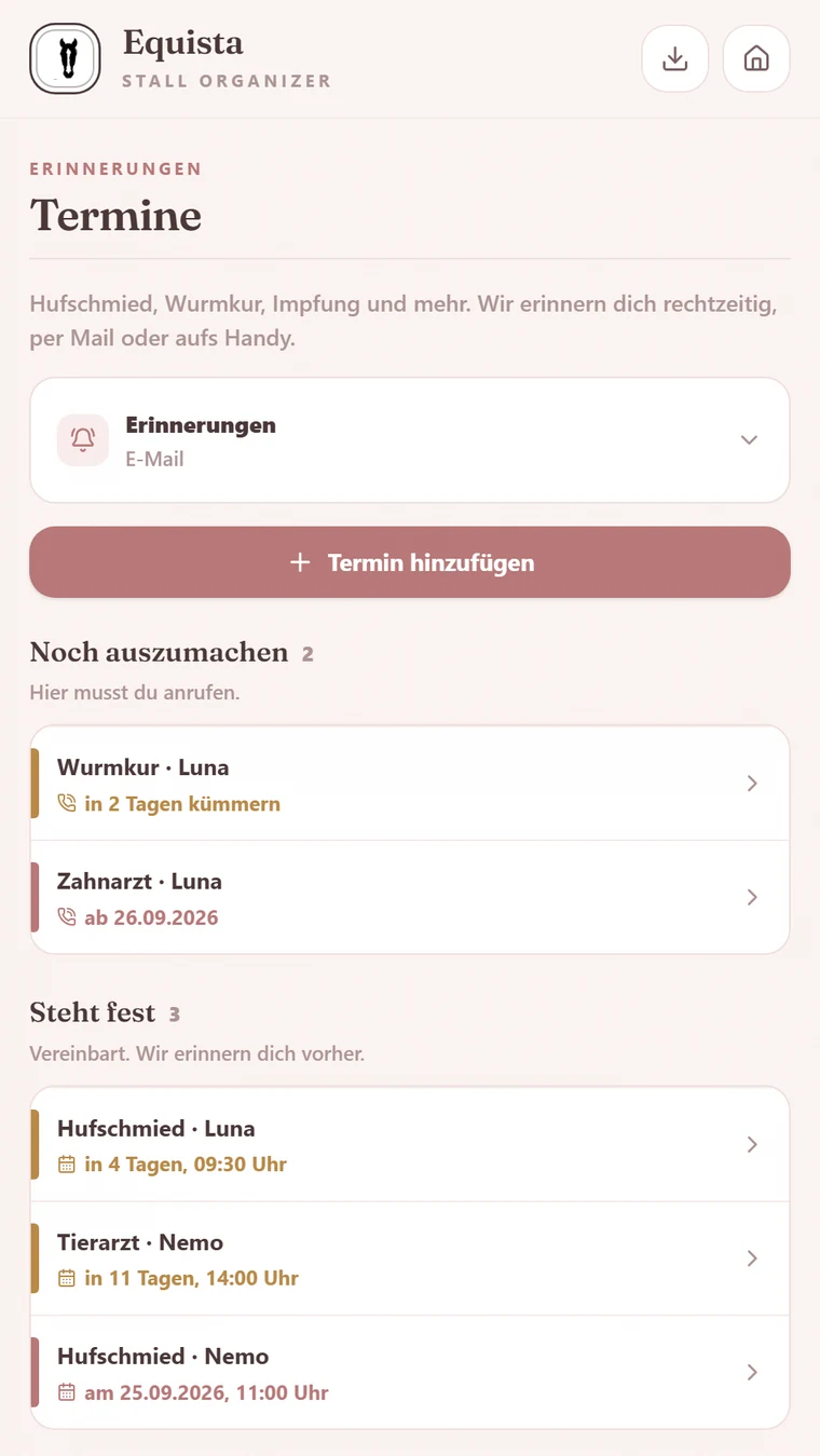 Terminliste mit den Abschnitten Noch auszumachen und Steht fest