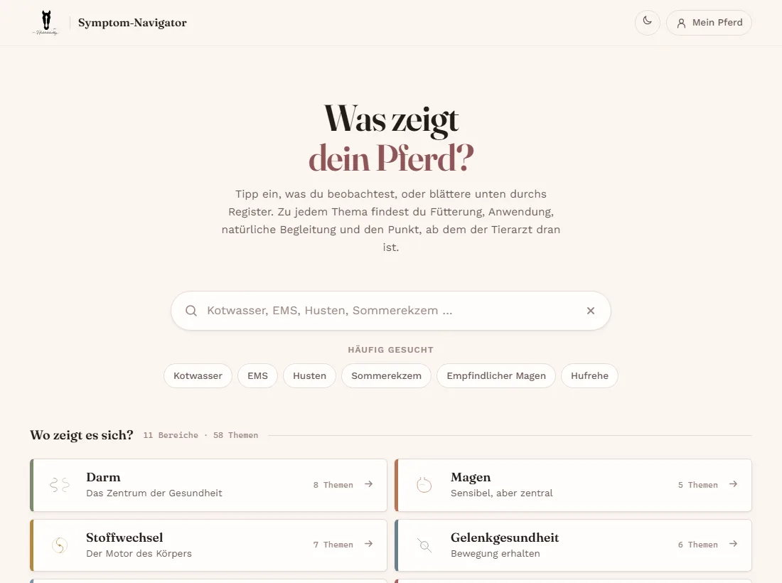 Die Startseite des Symptom-Navigators mit Suchfeld und den Bereichen Darm, Magen, Stoffwechsel und Gelenkgesundheit