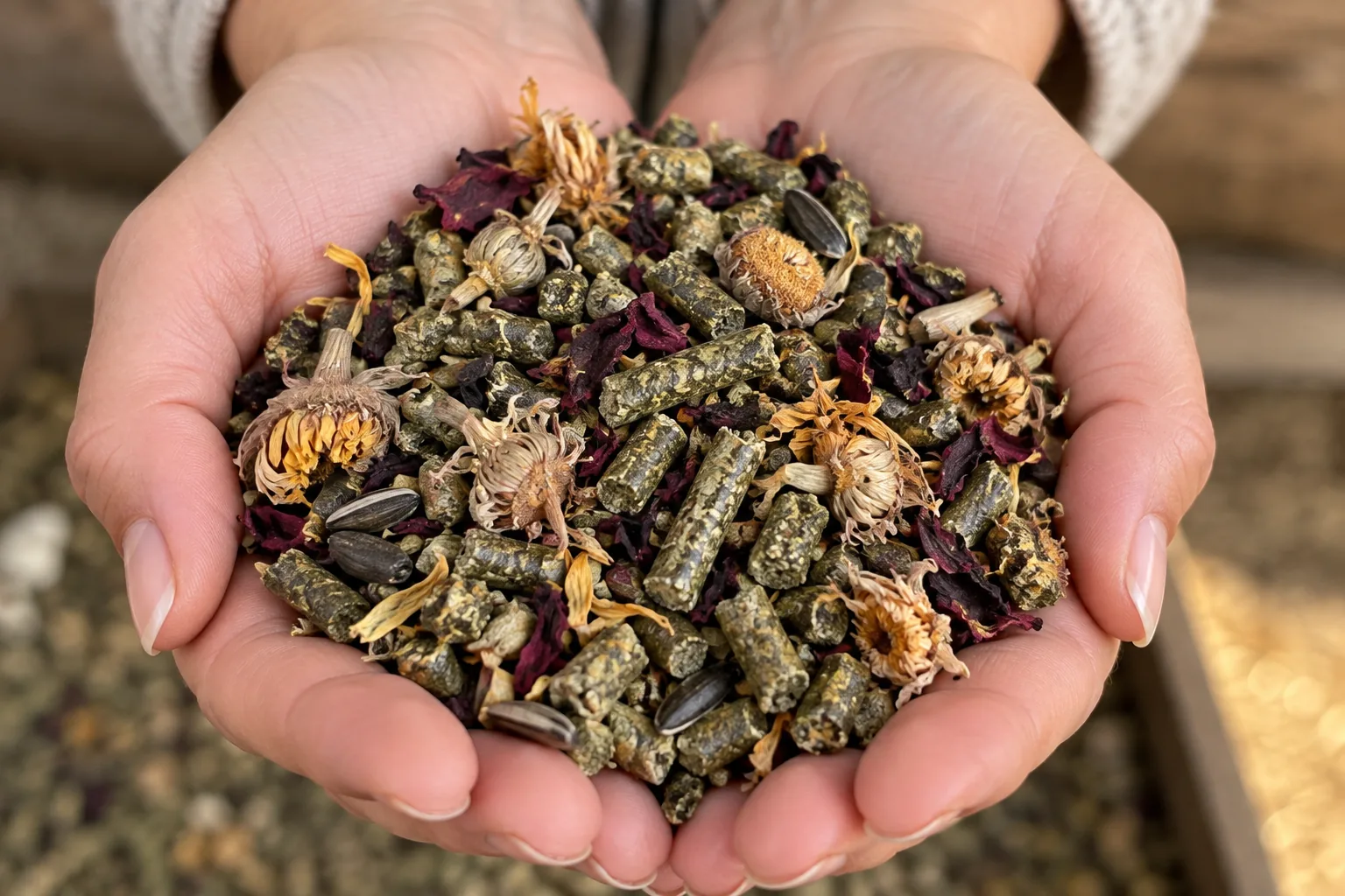 Die fertige Mischung in zwei Händen: grüne Luzerne- und Grünhaferpellets, ganze orange Ringelblumenblüten mit Kelch, dunkelrote Hibiskusblüten und einzelne Sonnenblumenkerne